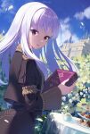  .com 1girl bangs blue_sky book candy castle clouds commentary day epaulettes eyebrows_visible_through_hair fire_emblem fire_emblem:_three_houses floating_hair flower food garreg_mach_monastery_uniform highres holding holding_book juliet_sleeves long_hair long_sleeves looking_at_viewer looking_to_the_side lysithea_von_ordelia macaron open_mouth outdoors petals pink_eyes plant pudding puffy_sleeves shadow sidelocks sky solo table teapot uniform upper_body very_long_hair white_flower white_hair 