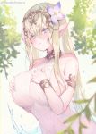  1girl bangs blonde_hair blush breasts copyright_request dutch_angle elf flower hair_flower hair_ornament large_breasts looking_at_viewer pointy_ears see-through suzuho_hotaru tagme twitter_username water wet 
