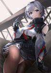  1girl absurdres azur_lane bare_shoulders belt black_belt black_hairband black_legwear blush breasts closed_mouth eyebrows_visible_through_hair grey_hair hair_between_eyes hair_ornament hairband hairclip highres hitsuji_(sheepsb22) large_breasts long_sleeves looking_at_viewer metal_gloves necktie pantyhose red_neckwear reno_(azur_lane) shirt short_hair skirt smile solo under_boob violet_eyes white_shirt wide_sleeves 