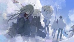  2boys 4girls absurdres ahoge black_cat black_jacket black_pants black_thighhighs blonde_hair blue_sky brown_hair cat closed_eyes cold commentary facing_away full_body fur-trimmed_jacket fur_trim green_hair highres ice jacket kagerou_project kano_shuuya kido_tsubomi kisaragi_momo knee_up kneeling kozakura_marry long_hair looking_down mo011010 multiple_boys multiple_girls outdoors pants purple_jacket red_scarf scarf seto_kousuke side_ponytail sky snow symbol-only_commentary tateyama_ayano thigh-highs trembling utility_pole walking white_jacket yellow_eyes 