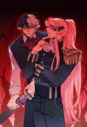  2boys absurdly_long_hair androgynous animification ascot bishounen black_hair black_pants black_vest blood_vines_(dream_smp) blue_coat bright_pupils butler buttons chouxixi_rhino coat commentary cowboy_shot dream_smp english_commentary epaulettes green_eyes heterochromia highres holding holding_sword holding_weapon humanization long_hair long_sleeves looking_at_viewer male_focus mask masquerade_mask minecraft_youtube multicolored_hair multiple_boys pants pink_hair pointy_ears ranbutler red_ascot red_eyes shirt short_hair sir_billiam_iii split-color_hair sword tales_from_the_smp very_long_hair vest weapon white_ascot white_hair white_pupils white_shirt 