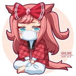  1girl agnes_digital_(umamusume) animal_ears blue_eyes blush bow chibi chibi_only commentary_request creape full_body hair_bow horse_ears horse_girl horse_tail long_hair long_sleeves looking_at_viewer mask mouth_mask pants pink_hair red_robe robe shirt solo surgical_mask tail umamusume white_pants white_shirt 