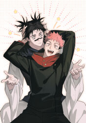  2boys black_hair black_jacket black_pants brothers choso_(jujutsu_kaisen) closed_mouth facial_mark hands_on_another's_head happy highres hood hoodie itadori_yuuji jacket jujutsu_kaisen jujutsu_tech_uniform looking_at_another looking_at_viewer male_focus multicolored_hair multiple_boys open_mouth pants pink_hair polka_dot polka_dot_background red_hoodie robe short_hair short_twintails siblings surprised teeth twintails two-tone_hair undercut white_robe yellow_eyes yunkai 