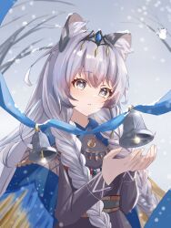  1girl animal_ear_fluff animal_ears arknights bell black_shirt blue_cape blue_ribbon braid breath cape chinese_commentary commentary_request cupping_hands glint grey_eyes grey_hair hair_ornament highres light_blush long_hair long_sleeves outdoors own_hands_together parted_lips pramanix_(arknights) pramanix_the_prerita_(arknights) ribbon shirt snowing solo twin_braids upper_body zerosama_(sailuojiang) 