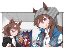 >_< 4girls ahoge animal_ears beanie beer_hsk black_hair black_jacket blue_jacket brown_hair clenched_teeth closed_eyes ears_through_headwear faceless faceless_female grey_hat grin hair_ornament hat hishi_amazon_(umamusume) hood hood_down hooded_jacket horse_ears indoors jacket long_hair multicolored_hair multiple_girls nakayama_festa_(umamusume) open_clothes open_jacket open_mouth pants purple_hair red_jacket red_pants shaded_face shinko_windy_(umamusume) smile star_(symbol) star_hair_ornament striped_clothes striped_headwear taiki_shuttle_(umamusume) teeth track_jacket track_pants track_suit two-tone_hair two_side_up umamusume vertical-striped_clothes vertical-striped_headwear very_long_hair violet_eyes wavy_mouth white_hair 