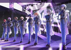  6+boys aoyagi_touya arm_at_side arm_behind_back astro_fes_(project_sekai) belt belt_buckle black_belt black_gloves black_shoes blonde_hair blue_eyes blue_hair brown_eyes brown_hair buckle clenched_teeth closed_mouth commentary_request covered_mouth crossover ensemble_stars! full_body gloves grey_eyes grey_hair hair_between_eyes hand_up headset highres homare_(homare_1111) kamishiro_rui long_sleeves male_focus morisawa_chiaki multicolored_hair multiple_boys official_alternate_costume orange_eyes orange_hair parted_lips project_sekai purple_hair red_hair sakasaki_natsume sazanami_jun sena_izumi_(ensemble_stars!) shinonome_akito shoes short_hair stage stage_lights standing streaked_hair teeth tenma_tsukasa twitter_username two-tone_hair watermark white_hair yellow_eyes 