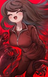  1girl amezaki_chihaya arms_behind_back brown_hair closed_eyes commentary_request extra_ears floating_hair highres jacket jikkyou_powerful_pro_yakyuu long_hair monster monster_girl open_mouth pants parmesan_(zan_parmesanne) power_pro_kun_pocket power_pro_kun_pocket_13 red_background red_eyes red_jacket red_pants red_shirt shirt smile solo track_jacket twitter_username 