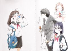  1boy 3girls absurdres backpack bag black_hair black_skirt blush brown_hair commentary_request drinking food glasses green_eyes highres holding holding_microphone interview ishida_hiroyasu microphone mouth_hold multiple_girls original parting_water school_bag school_uniform serafuku skirt 