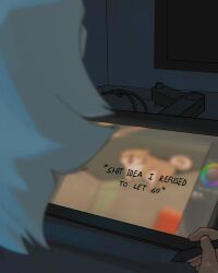  1girl blurry blurry_foreground dog drawing_(object) drawing_tablet english_text facing_away grawlix_(shibansfw) grey_hair highres holding holding_stylus indoors night object_focus original shibansfw short_hair solo stylus 
