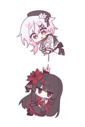  2girls beret black_hair black_hat chibi chibi_only commentary_request fang flower hair_flower hair_ornament hat highres jitome long_hair long_sleeves looking_at_another looking_down mahou_shoujo_no_majo_saiban multicolored_hair multiple_girls nikaido_hiro open_mouth pink_eyes sakuraba_ema short_hair simple_background sitting smile tsu_(21uwu_) white_background white_flower white_hair x_hair_ornament 
