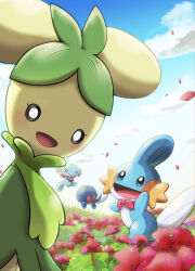  blue_sky closed_mouth clothed_pokemon clouds commentary_request day dolliv eyelashes flower mudkip neckerchief noir_(noir_0010) o_o open_mouth outdoors petals pink_flower pink_neckerchief pink_petals pokemon pokemon_(creature) pokemon_focus poliwag sky smile wooper 