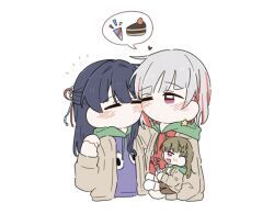  3girls :d black_hair blush braid brown_cardigan brown_hair brown_skirt cardigan center-flap_bangs cheek-to-cheek closed_eyes commentary dated_commentary grey_hair half_updo heads_together hood hood_down hoodie kachimachi_kosuzu link!_like!_love_live! long_hair love_live! mini_person minigirl multicolored_hair multiple_girls murano_sayaka nasu-san_(love_live!) one_eye_closed open_cardigan open_clothes open_mouth party_popper pink_eyes pleated_skirt profile purple_hoodie red_hoodie red_streaks short_hair side_braids skirt smile speech_bubble spoken_food streaked_hair tomati_(love_live!) virtual_youtuber yugiri_tsuzuri yuri zueka27 