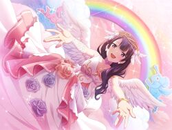  1girl angel_wings beckoning bracelet cherub choker cupid dress dutch_angle earrings fake_wings feathers flower game_cg hair_over_shoulder headpiece jewelry long_hair looking_at_viewer official_art purple_hair rainbow reaching reaching_towards_viewer rose shoujo_kageki_revue_starlight shoujo_kageki_revue_starlight_-re_live- solo tomoe_tamao upper_body violet_eyes white_dress white_wings wings 