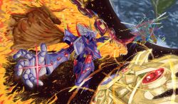 armor bryweludramon commentary digimon digimon_(creature) durandamon earth_(planet) english_commentary fewer_digits fire helmet highres knight name_connection nimadj planet purple_armor purple_helmet ragnalordmon ragnamon shield solo_focus space sword weapon 