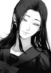  1girl absurdres black_bow black_shirt bow collarbone earrings eyelashes genderswap genderswap_(mtf) getou_suguru grey_eyes greyscale hair_over_shoulder highres jewelry jujutsu_kaisen light_smile long_hair looking_to_the_side monochrome ogata69 raised_eyebrows school_uniform shirt simple_background smile solo solo_focus white_background 