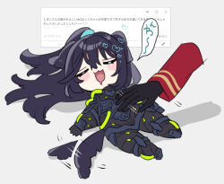  1boy 1other :3 animal_ears armor black_armor black_gloves black_hair blush closed_eyes commentary_request dante_(limbus_company) dog_ears dog_tail gloves half_updo happy hong_lu_(project_moon) k_corp._(identity)_(project_moon) limbus_company long_hair long_sleeves open_mouth project_moon request_inset shiki_(shikki46) sidelocks simple_background smile tail translation_request very_long_hair white_background 