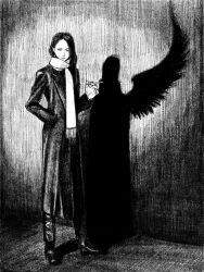  1girl black_hair cigarette different_shadow full_body greyscale highres holding holding_cigarette long_coat looking_at_viewer monochrome original scarf single_wing solo tp_p_pt white_scarf wings 
