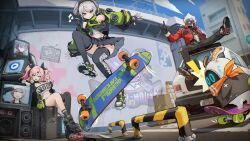  1boy anby_demara animal_ears billy_kid car long_hair multiple_girls nekomiya_mana nicole_demara pose short_hair skateboard zenless_zone_zero 