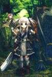  ariko_youichi armor blue_eyes fantasy forest highres monster multiple_girls nature pointy_ears red_eyes red_hair redhead riding short_hair silver_hair sword weapon yohichi_ariko 