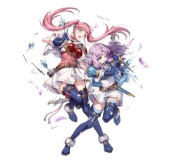  2girls armor arrow_(projectile) attack battle_damage belt black_thighhighs blue_boots blue_cape blue_gloves blue_thighhighs blush boots bow_(weapon) breastplate breasts brown_belt cape circlet closed_mouth dagger damaged dress elbow_gloves fighting_stance fingerless_gloves fire_emblem fire_emblem:_the_blazing_blade fire_emblem:_three_houses fire_emblem_heroes florina_(fire_emblem) florina_(skyward_wings)_(fire_emblem) gloves gomashio_ponz green_eyes hairband headband hilda_valentine_goneril hilda_valentine_goneril_(skyward_wings) holding holding_bow_(weapon) holding_dagger holding_knife holding_weapon knife long_hair looking_at_viewer multiple_girls official_alternate_costume official_art one_eye_closed open_mouth pink_dress pink_eyes pink_hair purple_hair quiver sheath short_sleeves shoulder_armor simple_background thigh-highs thigh_boots torn_clothes twintails weapon white_background white_cape white_dress white_hairband white_headband 