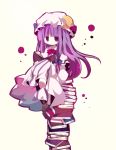  ana_(artist) ana_(rznuscrf) book book_stack book_tower crescent hat long_hair patchouli_knowledge purple_eyes purple_hair reading simple_background sitting sitting_on_object touhou 