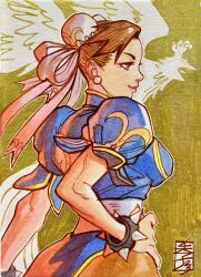  1girl acecore2k alternate_costume artist_logo bird bird_wings bracelet breasts brown_eyes brown_hair chun-li commentary double_bun earrings english_commentary eyeliner facing_away facing_to_the_side graphite_(medium) hair_bun hand_on_own_hip highres jewelry lipstick logo looking_to_the_side makeup parted_lips sideboob simple_background single_earring sketch solo solo_focus street_fighter toned traditional_media wings 