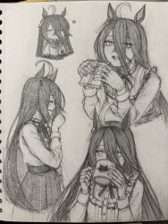  1girl absurdres blush chibi chibi_inset closed_mouth collared_shirt commentary cup drinking english_commentary frilled_shirt frills gift greyscale heart highres holding holding_cup holding_gift long_hair manhattan_cafe_(umamusume) monochrome mug multiple_views neck_ribbon open_mouth photoshop_(medium) pleated_skirt ribbon shirt shirt_tucked_in sketch skirt smile traditional_media umamusume very_long_hair yuutatogisa 