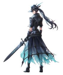  1boy armor armored_boots artist_request black_armor black_boots black_coat black_eyes black_gloves black_hair black_hat black_pants blue_coat boots bracer coat commentary_request english_commentary facing_away fluss_(king's_raid) full_body gloves half_mask hat hat_feather highres holding holding_sword holding_weapon king's_raid korean_commentary long_coat long_hair mask mixed-language_commentary official_alternate_costume official_art pants ponytail second-party_source see-through_clothes see-through_coat simple_background skull_ornament solo sword torn_clothes torn_coat weapon white_background 