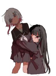  2girls arms_around_waist black_hair black_serafuku black_shirt black_skirt chinese_commentary commentary_request cropped_legs empty_eyes hug long_hair long_sleeves looking_at_viewer mahou_shoujo_no_majo_saiban multiple_girls neckerchief nikaido_hiro parted_lips pleated_skirt red_eyes sakuraba_ema school_uniform serafuku shirt short_hair simple_background skirt standing white_background white_hair white_neckerchief yuu_(yuul0716) 