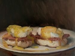  brown_background commentary egg_(food) egg_yolk english_commentary english_muffin food food_focus highres meat no_humans noah_verrier oil_painting_(medium) original painting_(medium) plate realistic signature traditional_media 