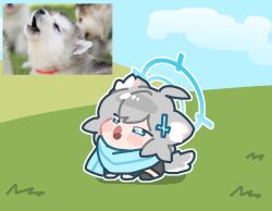  1girl ahoge animal_ears blue_archive blue_eyes blue_halo blue_scarf blue_sky chibi chibi_only commentary_request fang grey_hair hair_ornament halo ishikoro24 korean_commentary looking_up open_mouth photo-referenced scarf shiroko_(blue_archive) skin_fang sky tail wolf_ears wolf_girl wolf_tail 