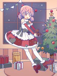  1girl :d absurdres bare_shoulders black_bow blush bow box bright_pupils christmas christmas_tree commentary_request detached_sleeves dress full_body fur-trimmed_shoes fur-trimmed_skirt fur_trim gift gift_box high_heels highres holding holding_stuffed_toy kaname_madoka long_sleeves looking_at_viewer low_twintails mahou_shoujo_madoka_magica mahou_shoujo_madoka_magica_(anime) open_mouth pantyhose pink_eyes pink_hair red_shoes red_skirt red_sleeves ruru_(rurumagi) santa_costume shoes short_dress short_hair short_twintails skirt sleeveless sleeveless_dress smile solo standing stuffed_animal stuffed_toy teddy_bear twintails white_dress white_pantyhose white_pupils window 