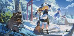  2girls absurdres apron blonde_hair blue_bow blue_dress blue_eyes blue_hair blue_shoes boots bow braid broom brown_boots chinese_commentary cirno collared_shirt commentary_request deer detached_wings dress eating flying frilled_skirt frills green_eyes hair_bow hand_on_headwear hat hat_bow highres holding holding_broom ice ice_wings kirisame_marisa long_hair long_sleeves multiple_girls neck_ribbon outdoors pinafore_dress puffy_short_sleeves puffy_sleeves qianeyejiaorouji raccoon red_ribbon red_scarf ribbon scarf shirt shoes short_sleeves side_braid single_braid skirt sleeveless sleeveless_dress snow socks stairs torii touhou tree waist_apron white_bow white_shirt white_socks wings winter witch_hat 