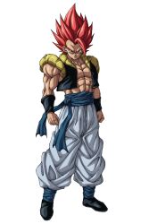  1boy abs absurdres bare_shoulders black_vest blue_sash clenched_hands commentary_request cropped_vest dragon_ball dragon_ball_super dragon_ball_super_broly full_body gogeta highres male_focus medium_hair metamoran_vest muma_maximum76 muscular muscular_male no_shirt pants red_eyes red_hair sash simple_background solo spiky_hair super_saiyan super_saiyan_god vest white_background white_pants 