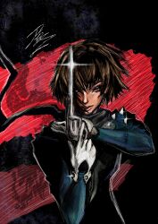  1girl absurdres biker_clothes bikesuit black_background blunt_bangs bodysuit braid brown_hair copyright_name crown_braid gun highres holding holding_gun holding_weapon long_scarf niijima_makoto non-web_source persona persona_5 persona_5_the_royal queen_(persona_5) red_eyes scarf shoulder_spikes solo spiked_knuckles spikes weapon 