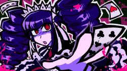  1girl blood blood_in_hair blood_splatter blue_hair card celestia_ludenberg commentary danganronpa:_trigger_happy_havoc danganronpa_(series) english_commentary highres lace_trim phonnks pink_blood playing_card red_eyes solo_focus 