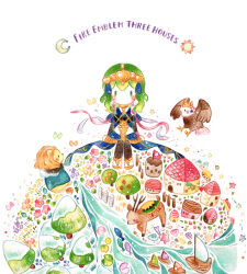  1girl 2boys 2girls animalization bird black_pantyhose chibi chibi_only circlet claude_von_riegan claude_von_riegan_(timeskip) colored_pencil_(medium) copyright_name deer dimitri_alexandre_blaiddyd dimitri_alexandre_blaiddyd_(timeskip) edelgard_von_hresvelg edelgard_von_hresvelg_(timeskip) female_byleth_(fire_emblem) fire_emblem fire_emblem:_three_houses green_hair hawk highres lion long_hair multiple_boys multiple_girls painting_(medium) pantyhose river solo solo_focus traditional_media tree watercolor_(medium) white_background yukichi_0611 