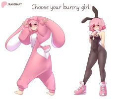  1girl animal_costume animal_ear_hairband animal_ear_hood animal_ears bare_shoulders barefoot black_leotard commentary doki_doki_literature_club english_commentary english_text fake_animal_ears fishnets hair_ornament hairband hairclip highleg highleg_leotard highres hood hood_up hooded_pajamas leotard long_sleeves natsuki_(doki_doki_literature_club) onesie pajamas pantyhose pink_hair pink_pajamas playboy_bunny rabbit_costume rabbit_ear_hairband rabbit_ears rabbit_tail raion_(raionart) short_hair simple_background strapless strapless_leotard tail toes white_background wrist_cuffs 