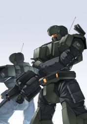  absurdres arl-99_helldiver arm_mounted_weapon assault_visor commentary_request feet_out_of_frame highres japan_self-defense_force kidou_keisatsu_patlabor mecha mecha_focus military no_humans orange_visor radio_antenna reactive_armor robot science_fiction simple_background standing takahashi_masaki white_background 
