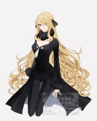  1girl black_coat black_pants blonde_hair breasts closed_mouth coat cynthia_(pokemon) fur-trimmed_coat fur-trimmed_sleeves fur_collar fur_trim grey_eyes hair_ornament hair_over_one_eye long_hair long_sleeves looking_at_viewer pants pokemon pokemon_dppt sakaralalala simple_background smile solo very_long_hair 