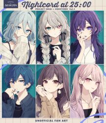 1boy 1other 25-ji_kaito 25-ji_miku 4girls :p akakura akiyama_mizuki aqua_eyes aqua_nails artist_name asahina_mafuyu black_camisole black_dress black_jacket black_ribbon black_shirt blue_eyes blue_hair blue_nails blush braid brown_eyes brown_hair brown_jacket camisole closed_mouth collarbone collared_jacket commentary_request copyright_name covered_mouth covering_own_mouth dress earrings english_text finger_to_own_chin floral_print flower_earrings grey_hair grey_scrunchie grid_background group_name hair_behind_ear hair_between_eyes hair_ribbon half_updo hand_on_own_cheek hand_on_own_face hand_up hands_up hatsune_miku heterochromia highres index_finger_raised jacket jacket_on_shoulders jewelry kaito_(vocaloid) lapels long_bangs long_hair long_sleeves looking_at_viewer low_twin_braids multiple_girls multiple_necklaces multiple_rings nail_polish necklace notched_lapels off_shoulder official_alternate_costume official_alternate_hair_length official_alternate_hairstyle open_clothes open_jacket parted_lips pink_eyes pink_hair pink_jacket pink_nails project_sekai purple_hair purple_nails ribbed_sweater ribbon ring scrunchie see-through_clothes see-through_jacket see-through_sleeves shinonome_ena shirt short_hair side_braid sidelocks sleeveless sleeveless_shirt sleeves_past_fingers sleeves_past_wrists smile spaghetti_strap straight_hair sweater three-quarter_sleeves tongue tongue_out turtleneck turtleneck_sweater twin_braids upper_body violet_eyes vocaloid wavy_hair white_jacket white_sweater wolf_cut wrist_scrunchie yoisaki_kanade zozotown 