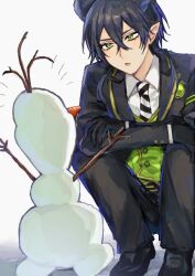  2boys :o arm_ribbon arms_up belt_buckle black_gloves black_hair black_horns black_jacket black_pants black_shoes blazer buckle carrot collared_shirt commentary crossed_bangs crossover diagonal-striped_clothes diagonal-striped_necktie disney elbows_on_knees eyelashes from_behind frozen_(disney) full_body gloves gold_trim green_eyes green_ribbon green_vest hair_between_eyes height_difference horns jacket keebu07 light_blush long_sleeves looking_at_another magic_pen_(twisted_wonderland) male_focus malleus_draconia medium_hair multiple_boys necktie night_raven_college_school_uniform notice_lines olaf_(frozen) open_clothes open_jacket outstretched_arms pants parted_lips pointy_ears ribbon school_uniform shadow shirt shoes slit_pupils snowman squatting striped_clothes striped_ribbon twig twisted_wonderland vest waistcoat white_background white_shirt 