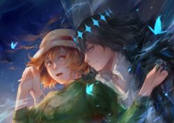 1boy 1girl black_hair blue_butterfly bug butterfly clouds commentary cosplay dragonfly_wings dusk english_commentary fate/grand_order fate_(series) fujimaru_ritsuka_(female) hat highres holding_hands howl_(howl_no_ugoku_shiro) howl_(howl_no_ugoku_shiro)_(cosplay) howl_no_ugoku_shiro looking_at_another oberon_(fate) oberon_(third_ascension)_(fate) open_mouth outdoors renrenka_noi signature sophie_hatter_(howl_no_ugoku_shiro) sophie_hatter_(howl_no_ugoku_shiro)_(cosplay) straw_hat wings 
