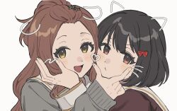  2girls black_hair blush bow brown_hair drawn_ears drawn_heart drawn_whiskers hair_bow hair_ornament hand_on_another's_face hibike!_euphonium highres hisaishi_kanade kenzaki_ririka kitauji_high_school_uniform long_sleeves looking_at_viewer multiple_girls open_mouth red_bow red_eyes school_uniform short_hair simple_background smile star_(symbol) star_hair_ornament white_background yellow_eyes yureru_300 