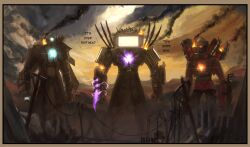  3boys arm_cannon artist_name battle_damage black_smoke burning camera cloud_ruan99543 clouds cloudy_sky commentary core corpse dual_arm_cannons english_commentary english_text fire glowing glowing_chest glowing_weapon highres jetpack looking_at_viewer metal_wings multiple_boys object_head post-apocalypse ruins shoulder_spikes skibidi_toilet_(series) sky smoke smoke_trail speaker speech_bubble spikes television titan_camera_man titan_speaker_man titan_tv_man weapon wings wrist_blades 