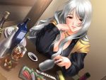  bottle breasts chopsticks cleavage drink drunk game_cg jewelry long_hair majodou marie_marigold necklace red_eyes sake sano_toshihide silver_hair smile soy_sauce sushi table toshihide_sano 