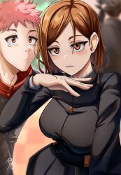  1girl 2boys absurdres biting_own_lip black_hair black_jacket blush breasts brown_eyes brown_hair commentary dilan_griz double-parted_bangs fushiguro_megumi hair_behind_ear hair_between_eyes hand_up highres itadori_yuuji jacket jujutsu_kaisen jujutsu_tech_uniform kugisaki_nobara large_breasts long_sleeves looking_at_viewer multiple_boys parted_lips pink_hair posing short_hair solo_focus 