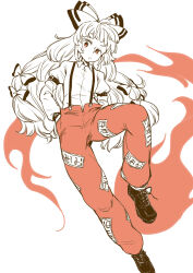  1girl absurdres bow collared_shirt commentary fire fujiwara_no_mokou full_body hair_bow hands_in_pockets highres long_hair looking_at_viewer multiple_hair_bows ofuda ofuda_on_clothes oninamako pants red_eyes red_pants shirt shoes solo suspenders touhou very_long_hair 