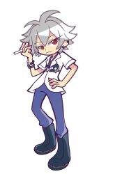  1boy antenna_hair aohitsugi_samatoki bead_bracelet beads black_boots blue_pants boots bracelet captive_bead_ring cigarette collared_shirt commentary ear_piercing earrings english_commentary expressionless frown full_body hair_between_eyes hand_on_own_hip hand_up highres holding holding_cigarette hypnosis_mic jewelry kermitrolling knee_boots looking_at_viewer male_focus multiple_piercings pants parody piercing puyopuyo red_eyes shirt short_hair short_sleeves silver_bracelet simple_background skull_print smoking solo standing style_parody takenami_hideyuki_(style) triangle_necklace white_background white_hair white_shirt 