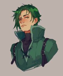  1boy aevi closed_mouth commentary cropped_torso english_commentary fire_emblem fire_emblem:_radiant_dawn green_hair looking_at_viewer male_focus parted_lips short_hair solo sothe_(dawning_zephyr)_(fire_emblem) sothe_(fire_emblem) turtleneck yellow_eyes 